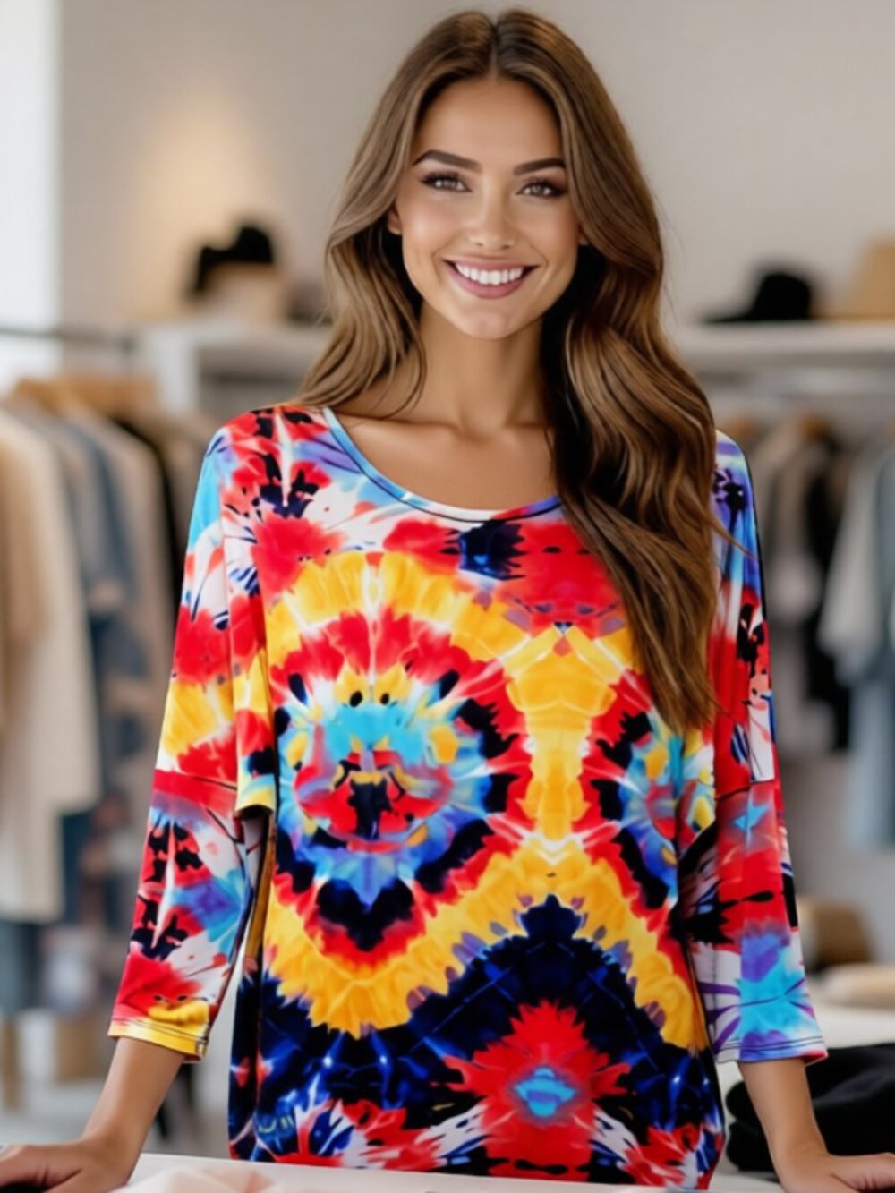 EUC HONEYME LOS ANGELES TIE DYE COLORFUL 3/4 SLEEVE PULLOVER POLYESTER TOP MED